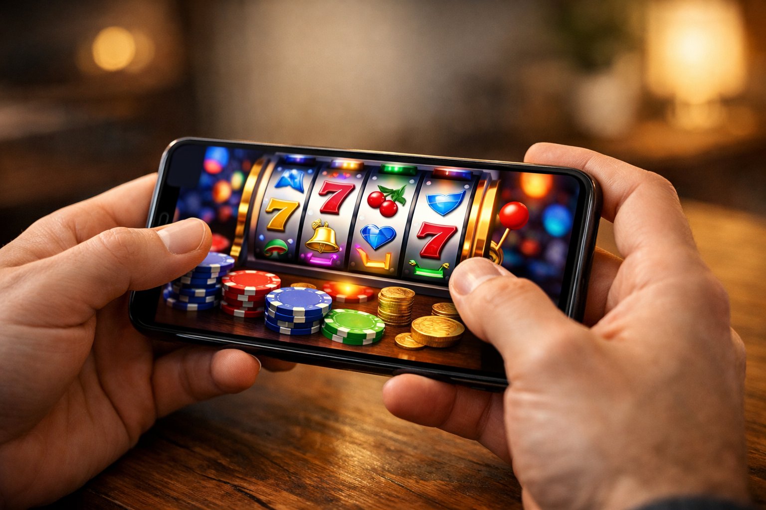 A Person Holding A Smartphone Showing Colorful Online Casino Game Graphics In A Cozy Indoor Setting.