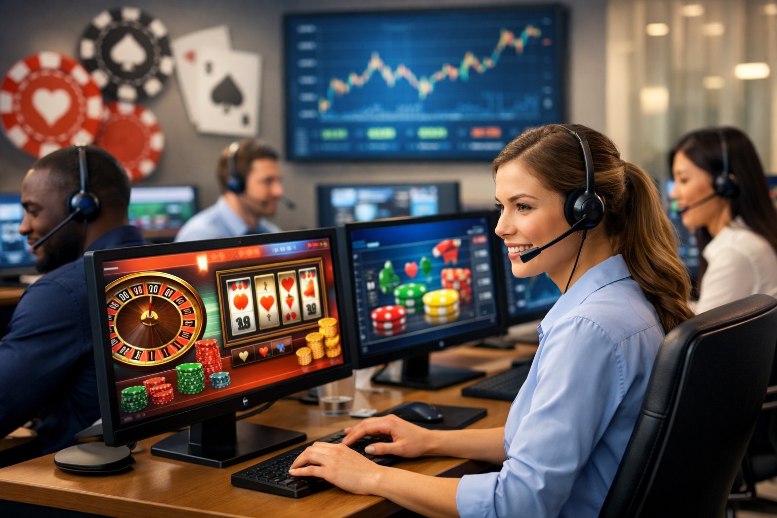 A Team Of Customer Support Representatives Wearing Headsets Working At Computers In A Bright Office.