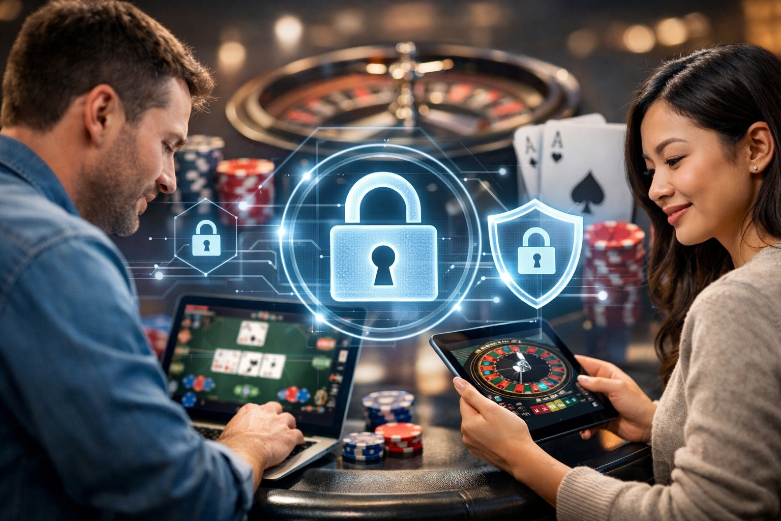 People Playing Online Casino Games On Laptops And Tablets With Digital Security Icons Like Padlocks And Shields Visible On The Screen.