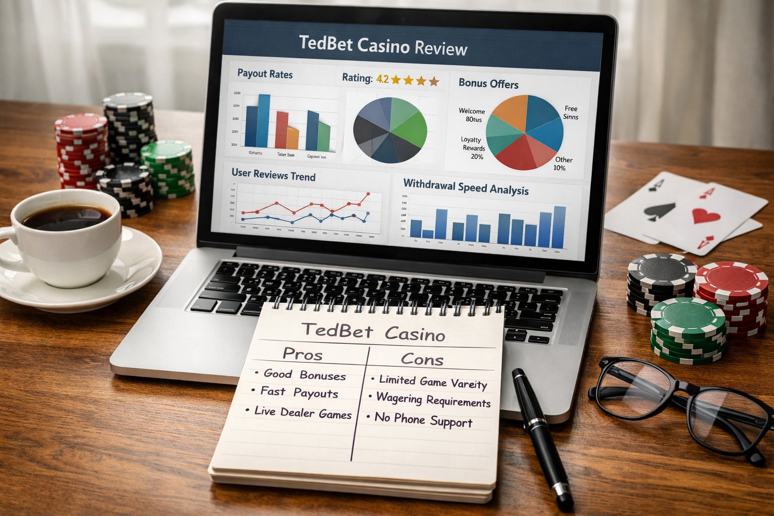 A Workspace With A Laptop Showing Charts, Poker Chips, Playing Cards, A Coffee Cup, And A Notepad With Notes On A Desk.