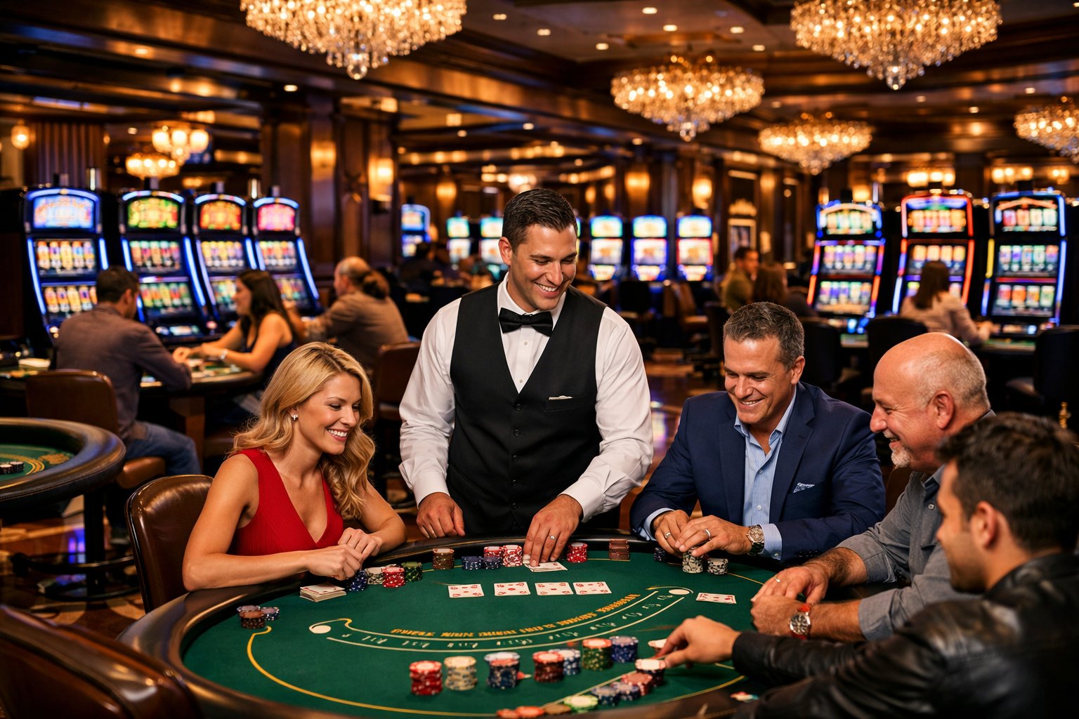 Interior Of A Busy Casino With Slot Machines, Card Tables, And People Playing Games.
