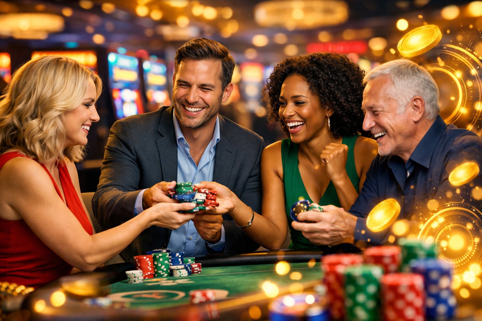 A Group Of People Celebrating In A Casino Surrounded By Slot Machines And Gaming Tables.