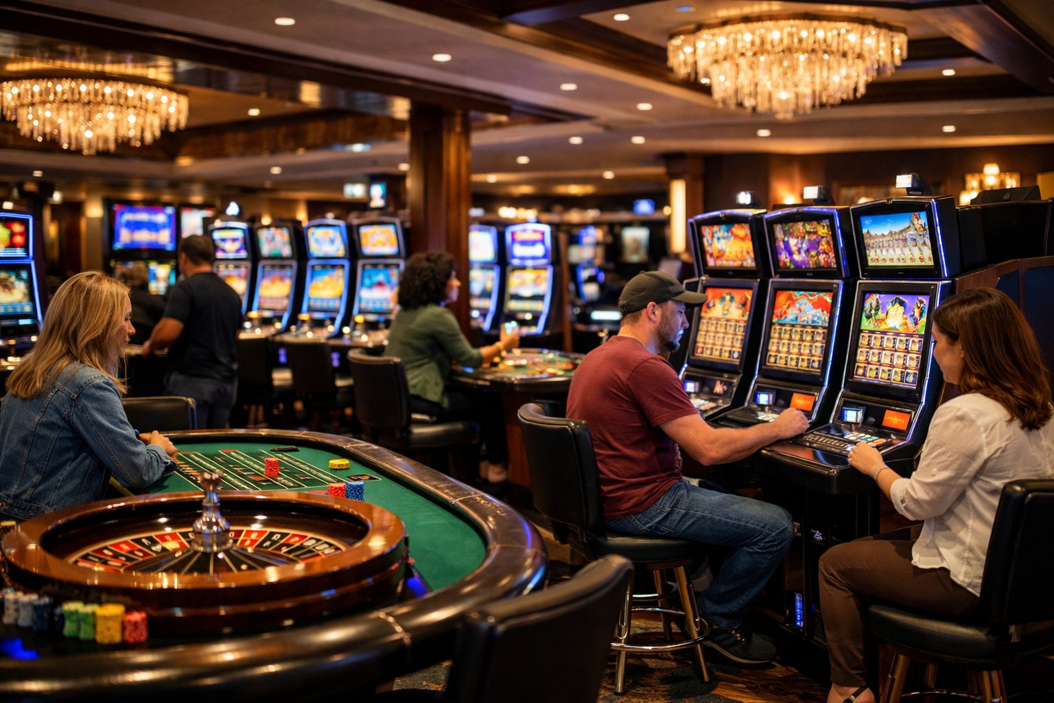 A Casino Interior Showing Slot Machines And Gaming Tables With People Playing And Browsing The Games.