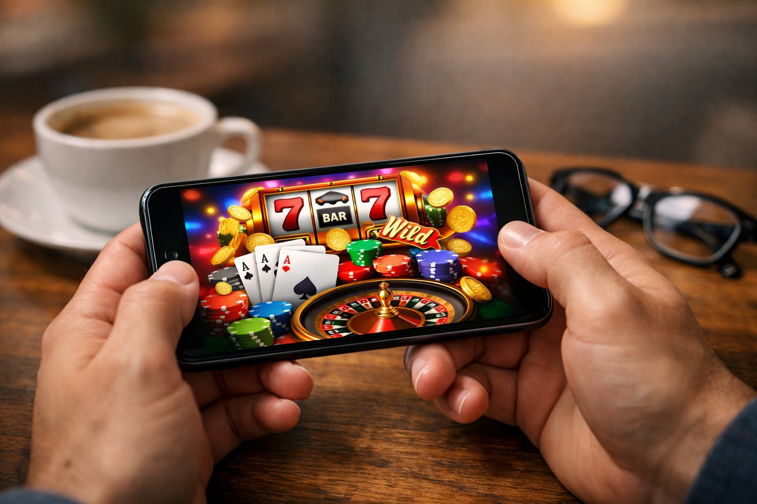 A Person Holding A Smartphone Showing A Colorful Casino Game Screen With Gaming Elements, Sitting At A Table With A Coffee Cup And Glasses Nearby.