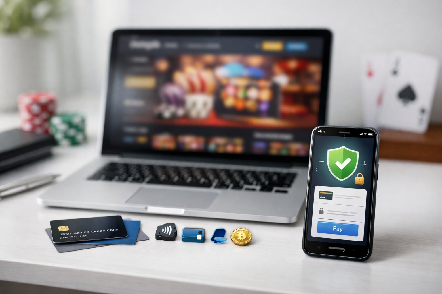 A Modern Workspace With A Laptop, Credit Card, Smartphone, And Blurred CasinoRelated Items In The Background.