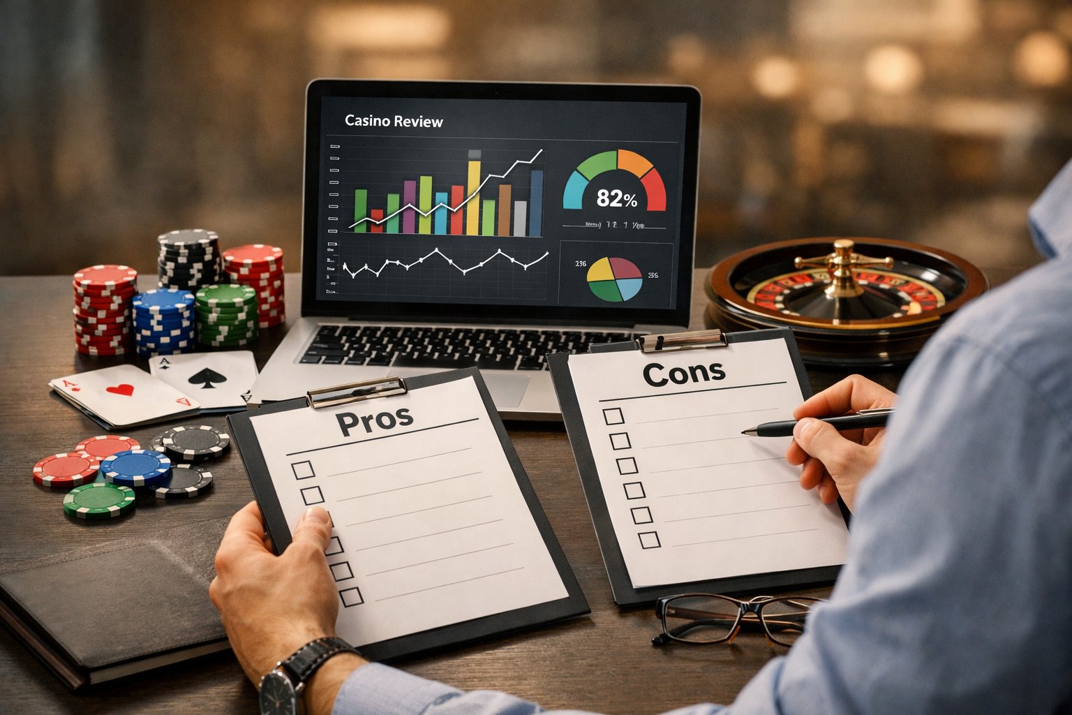 A Person Reviewing CasinoRelated Materials At A Desk With Poker Chips, Playing Cards, And A Laptop Showing Charts.