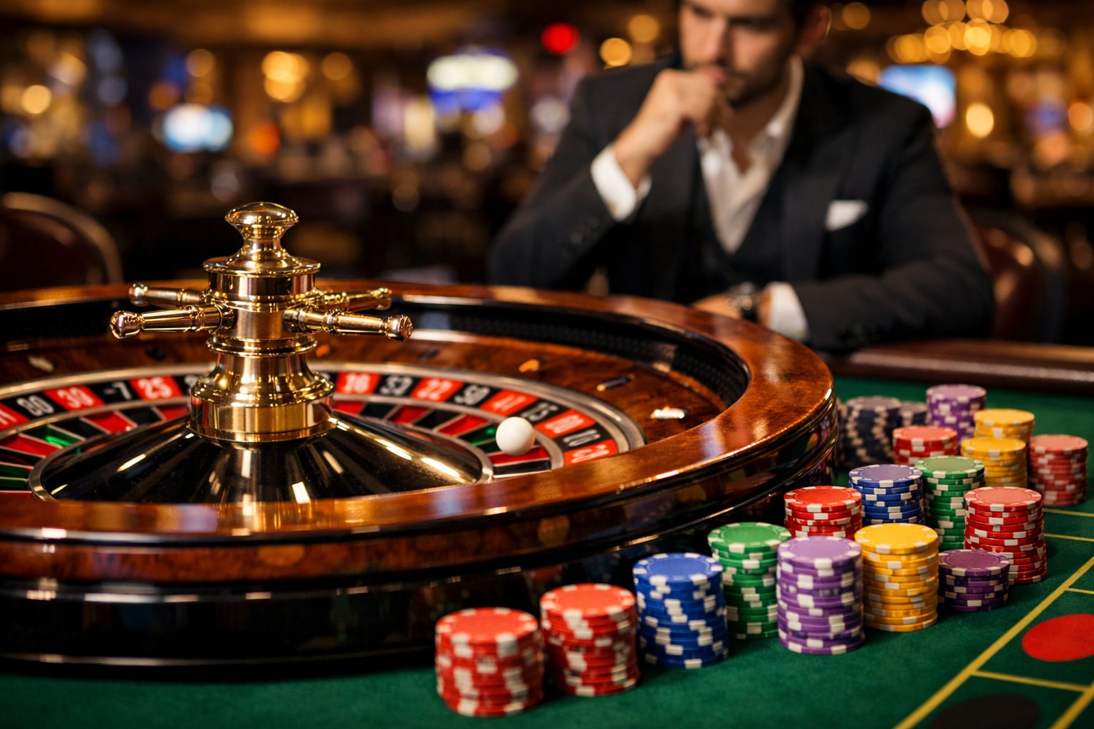 A roulette wheel spinning with betting chips on the table and a player watching attentively in a casino.