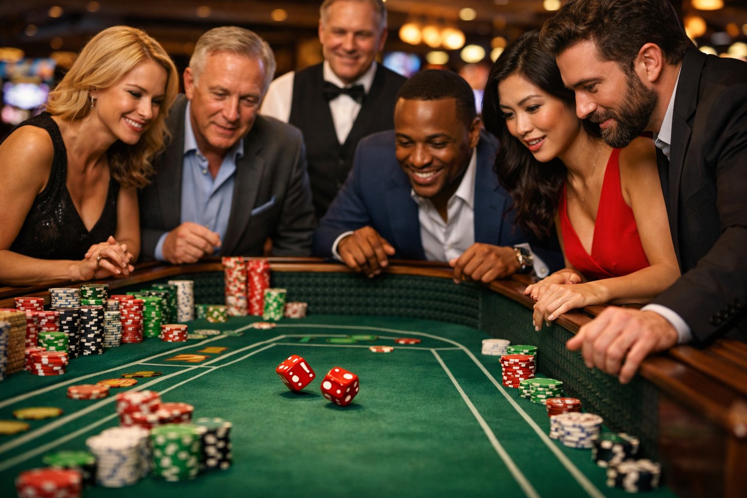People playing craps at a casino table with chips and dice in an upscale casino setting.