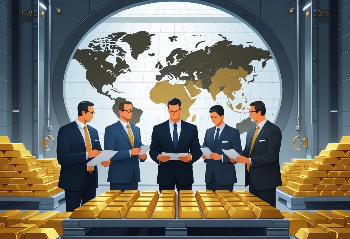 A secure vault with stacks of gold bars and central bank officials discussing documents in front of a world map.