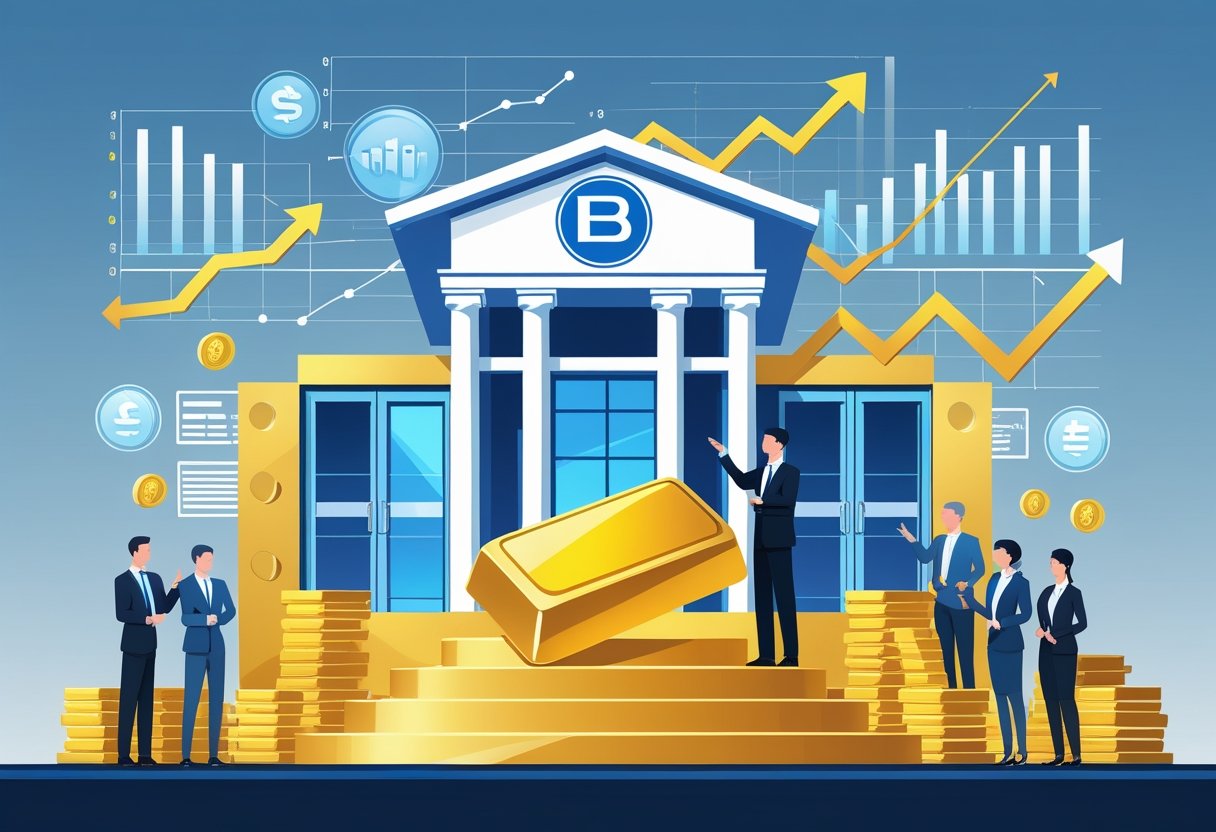 A bank building with a large gold bar in front, surrounded by financial charts and bank employees discussing the gold.