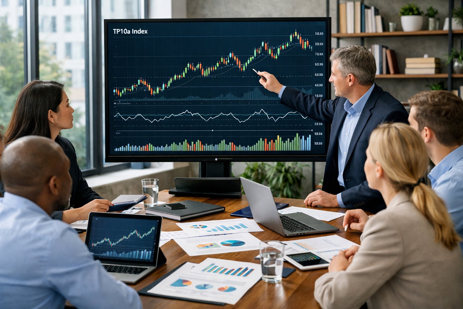 Un groupe de professionnels en réunion autour d'une table avec des graphiques financiers et un écran affichant des données économiques.