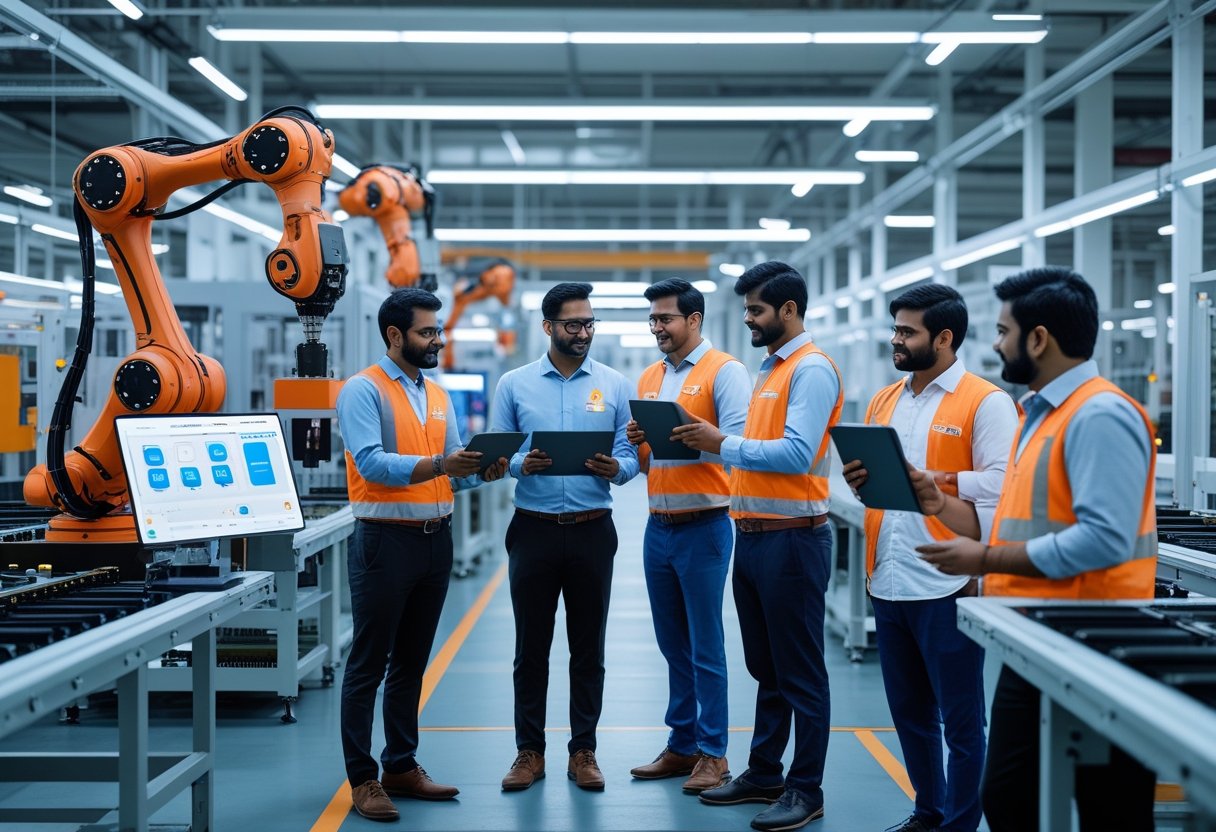 Engineers and workers collaborating in a modern factory with advanced machinery assembling products.