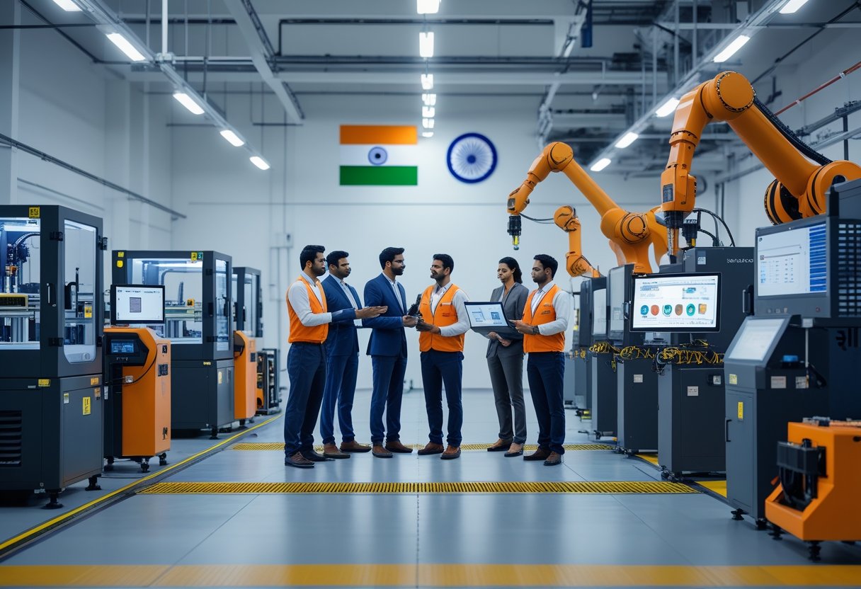 Engineers and technicians working with advanced manufacturing machines in a modern Indian factory producing customized products.