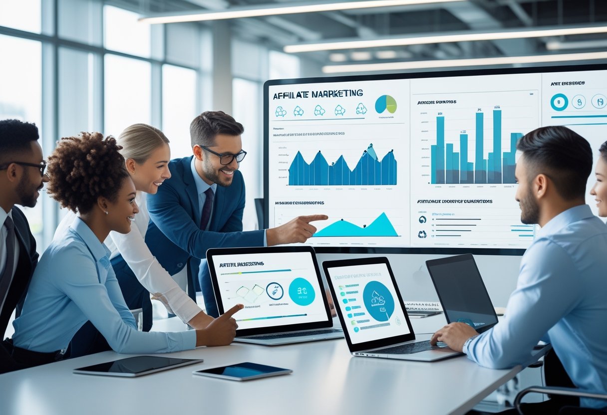 Mehrere Gesch&auml;ftspersonen arbeiten gemeinsam an einem Tisch mit Laptops und digitalen Diagrammen in einem modernen B&uuml;ro.