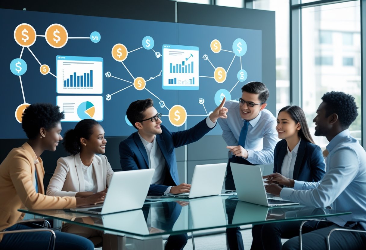 Mehrere Personen arbeiten gemeinsam in einem modernen B&uuml;ro mit Computern und digitalen Diagrammen zur Darstellung von Affiliate Marketing.