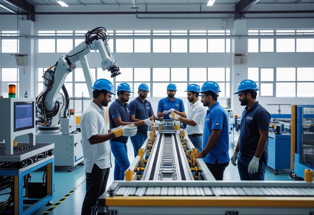 Engineers and factory workers collaborating around machinery in a modern manufacturing facility.