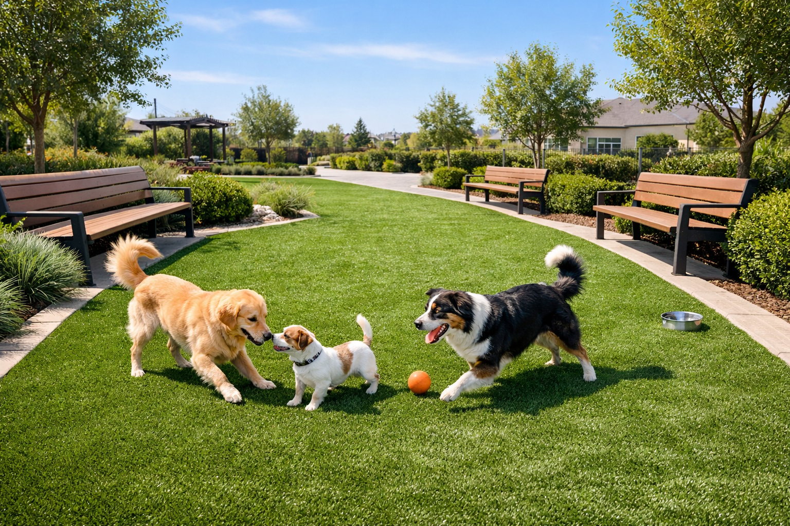 A clean community outdoor area with vibrant synthetic grass and dogs playing in a pet section surrounded by shrubs and benches.