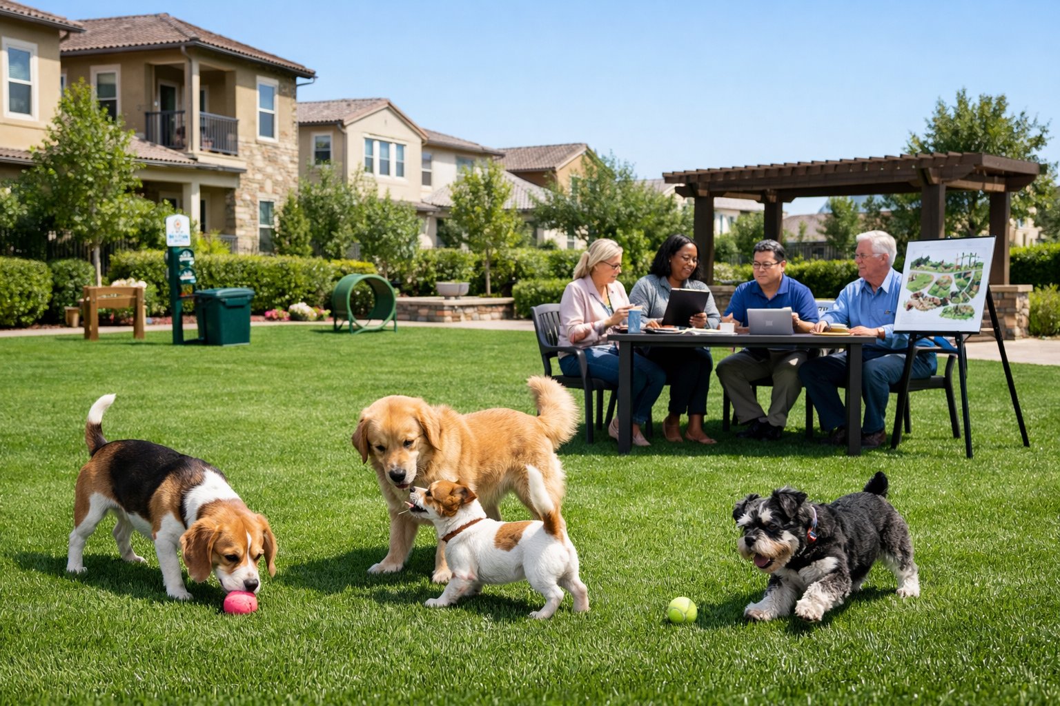A clean, green synthetic grass common area with dogs playing and a group of people discussing landscaping plans nearby in a residential neighborhood.