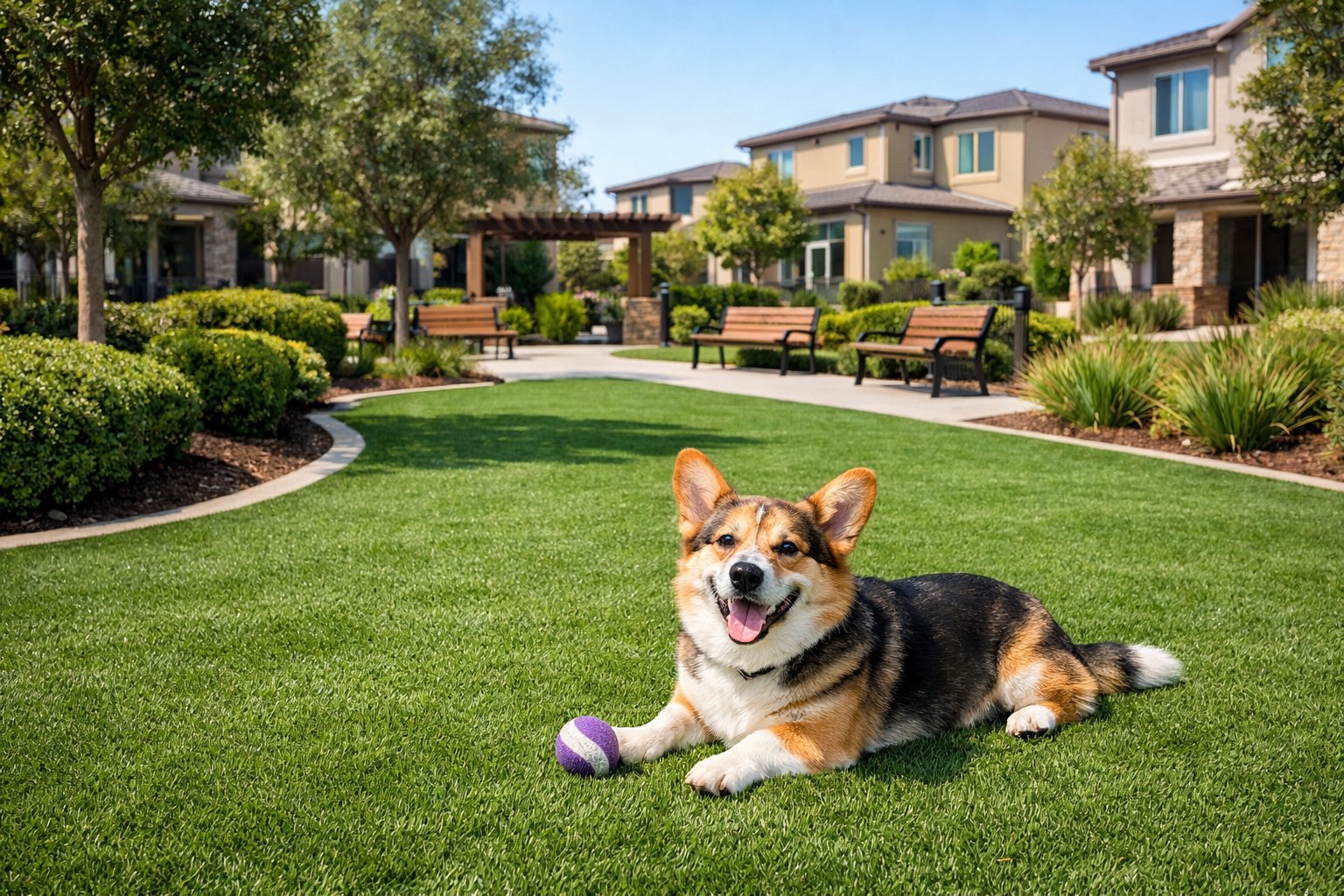 A clean, green artificial grass lawn in a residential common area with a dog resting on the grass and trees and benches in the background.