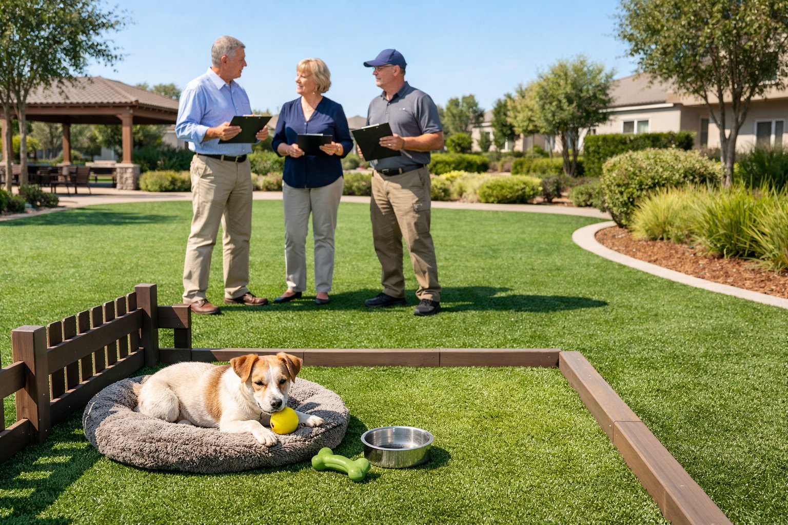 A clean synthetic grass common area with a pet dog and people inspecting the turf in a residential neighborhood.