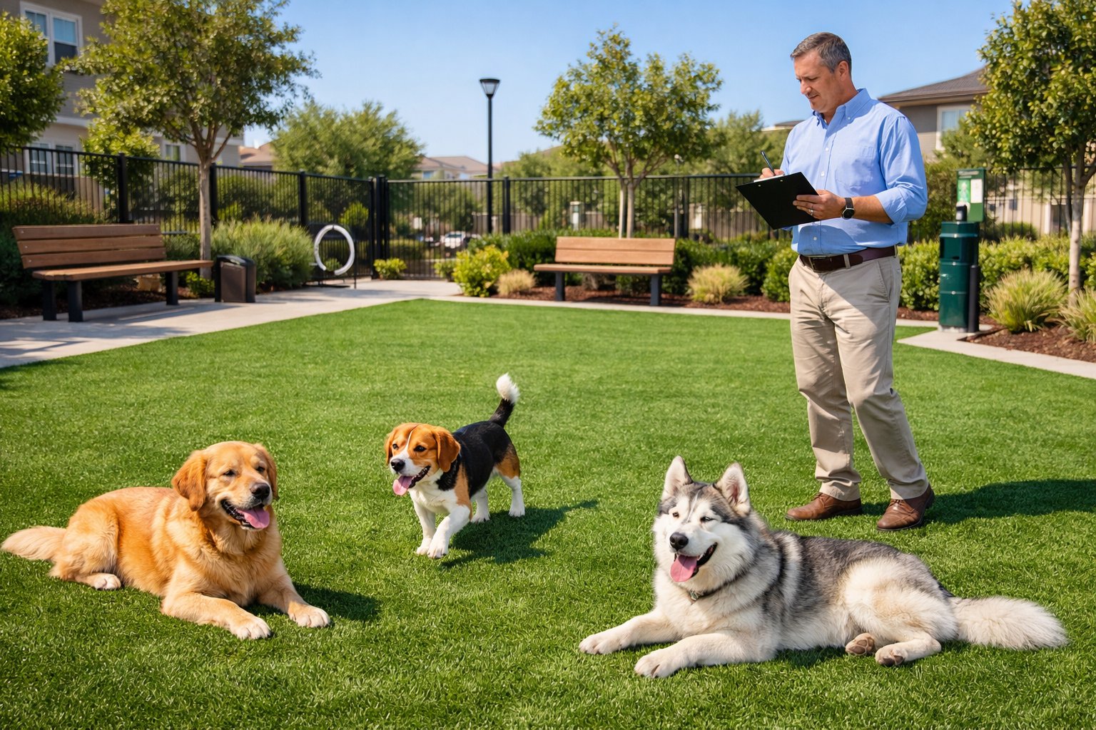 A clean synthetic grass pet area with dogs playing and a person inspecting the lawn in a residential community.
