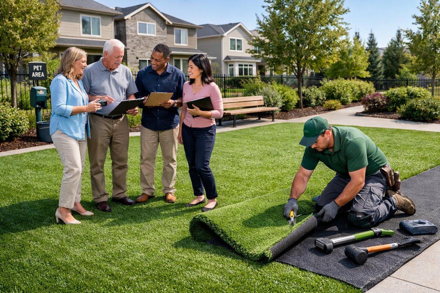 A group of people inspecting and maintaining a synthetic turf lawn and pet area in a residential neighborhood.