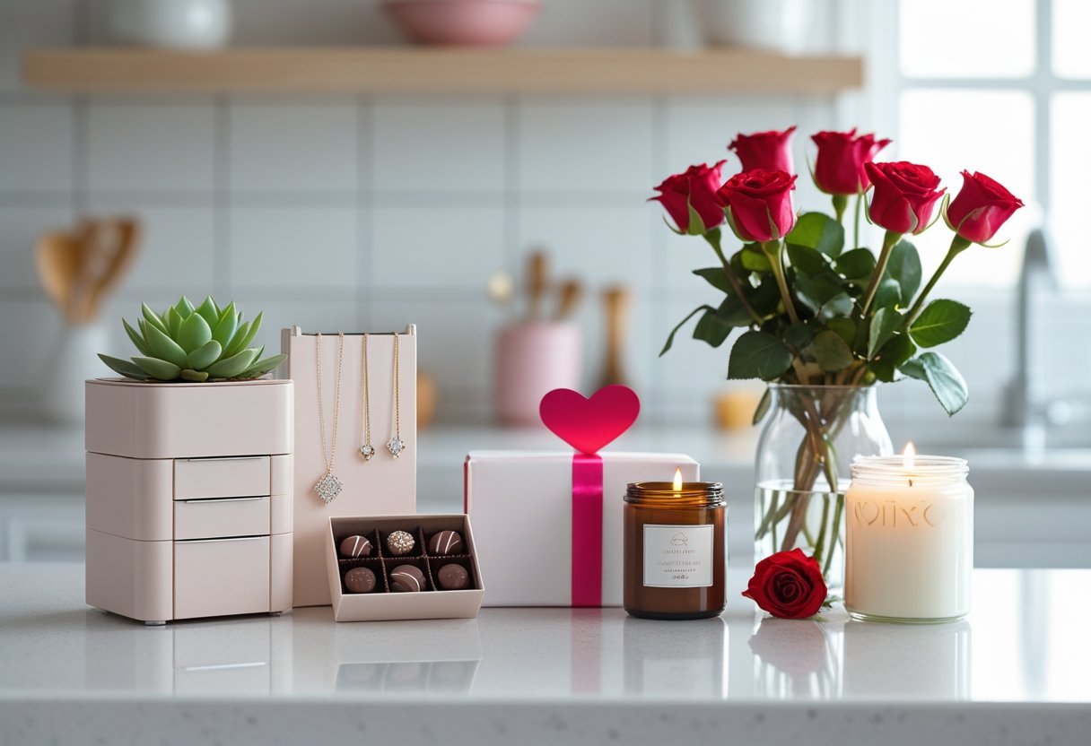 A kitchen countertop with a small jewelry organizer, potted succulent, wrapped chocolates, scented candle, and a vase of red roses arranged neatly.