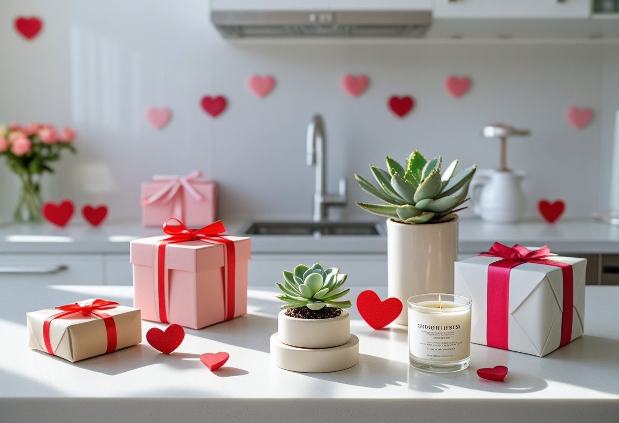 A kitchen countertop displaying small, neatly arranged Valentine's Day gifts including wrapped boxes, a jewelry organizer, a potted succulent, and a scented candle.