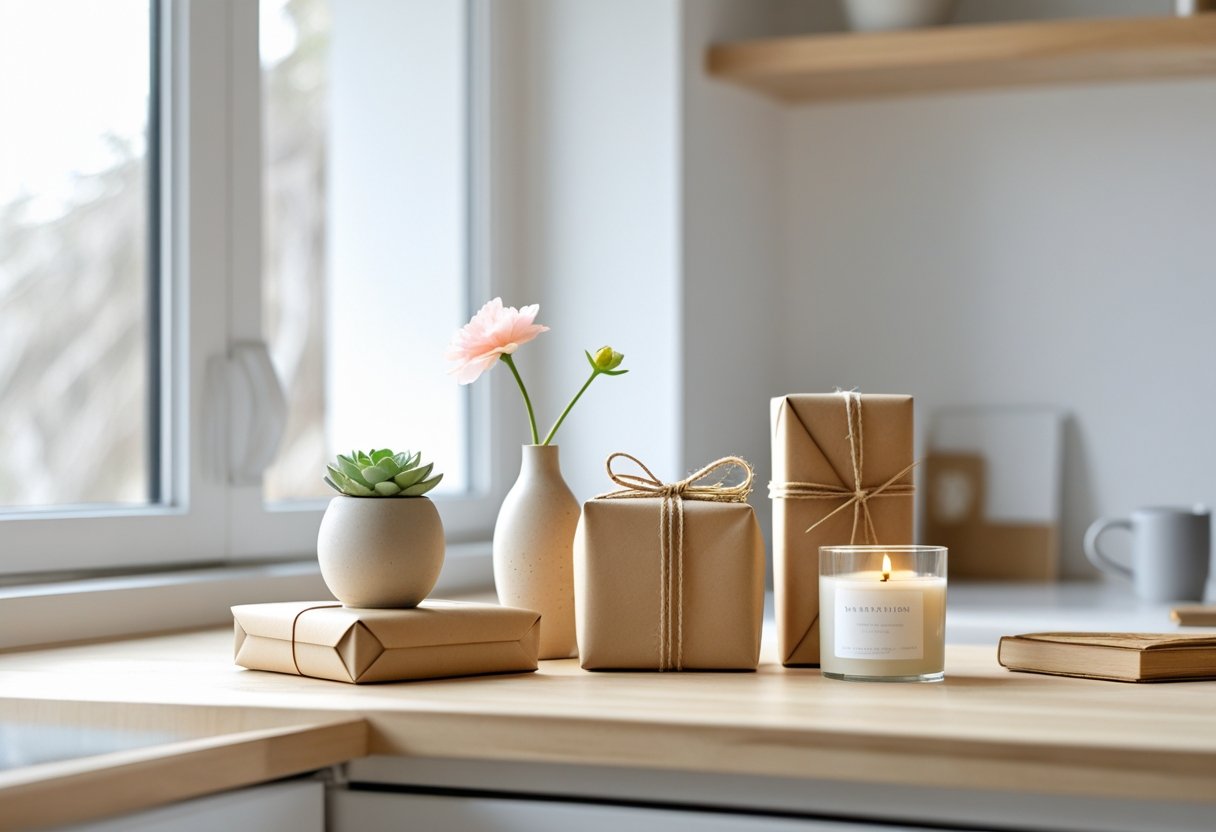 A minimalist kitchen countertop with a small potted succulent, a ceramic vase with a flower, a wrapped gift box, and a scented candle arranged neatly in natural light.