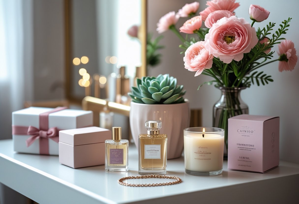 A small vanity with elegant Valentine's Day gifts including a jewelry box, perfume bottle, candle, succulent plant, and fresh flowers arranged neatly.