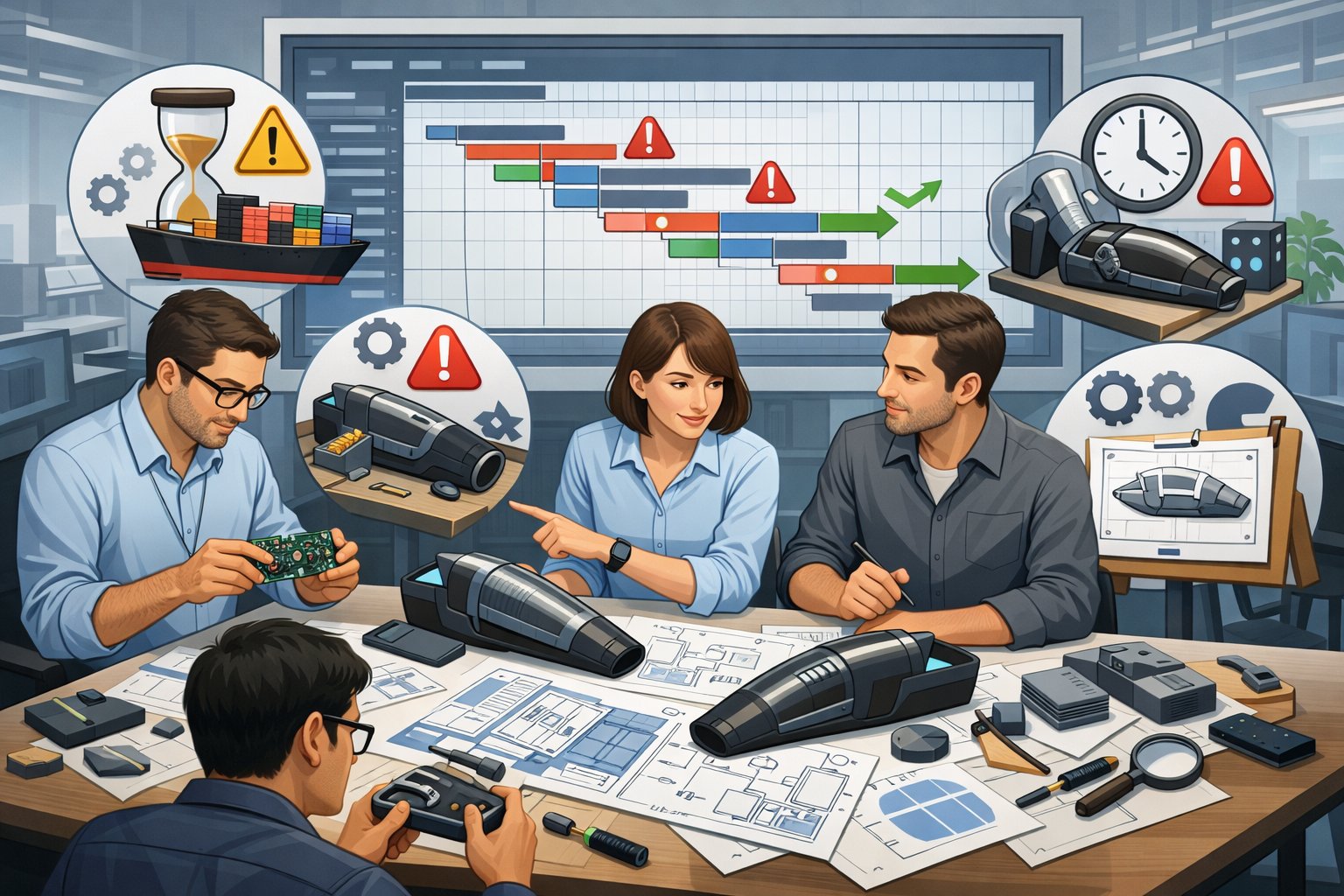 Engineers collaborating around a table with blueprints and prototypes of rechargeable car vacuums, surrounded by icons representing delays and solutions in a product development workspace.