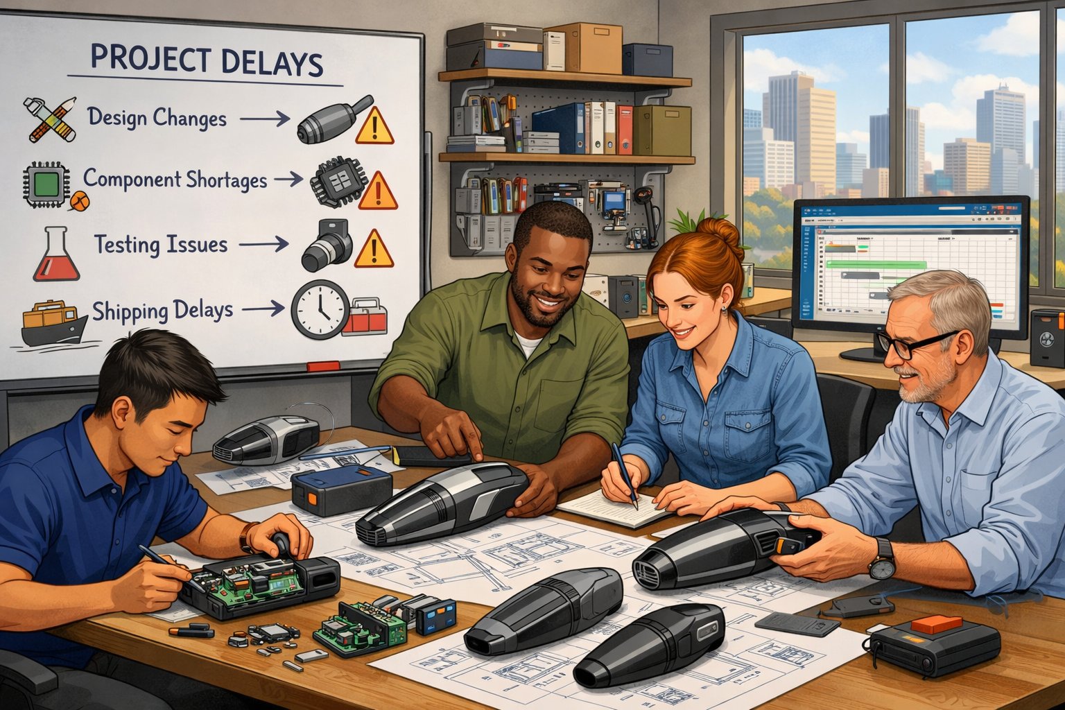 A team of engineers and designers working together around a table with blueprints and prototypes of a car vacuum cleaner, with a whiteboard showing project timelines and delay warnings.