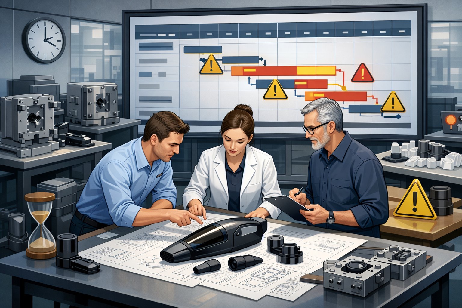 Engineers collaborating in an industrial workspace with technical drawings and prototypes of a rechargeable car vacuum, alongside a digital timeline showing project delays.