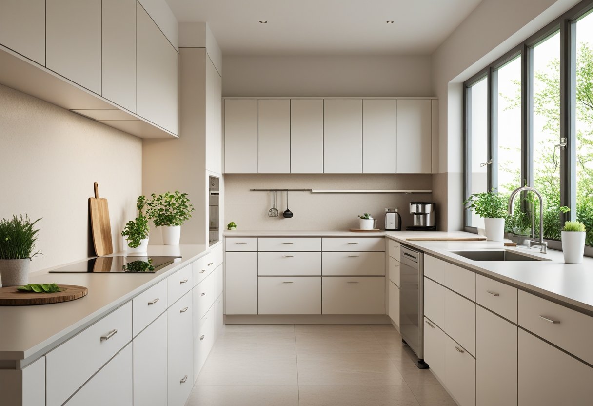 A clean and tidy kitchen with neutral colors, natural light, wooden accents, and minimal items on the countertops.