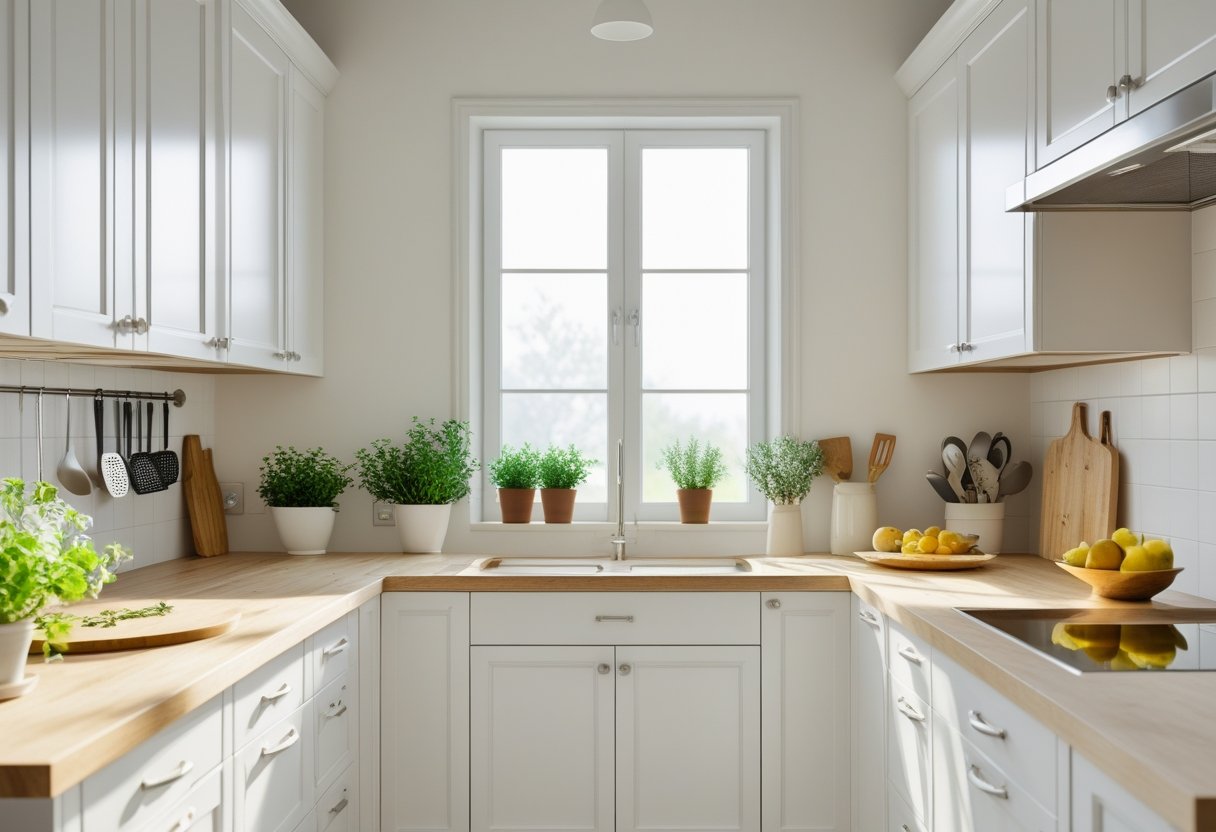 A clean and organized kitchen with white cabinets, wooden countertops, potted herbs, and natural light coming through windows.