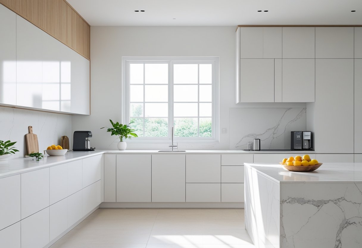 A bright and tidy kitchen with white cabinets, a marble island, and natural light coming through large windows.