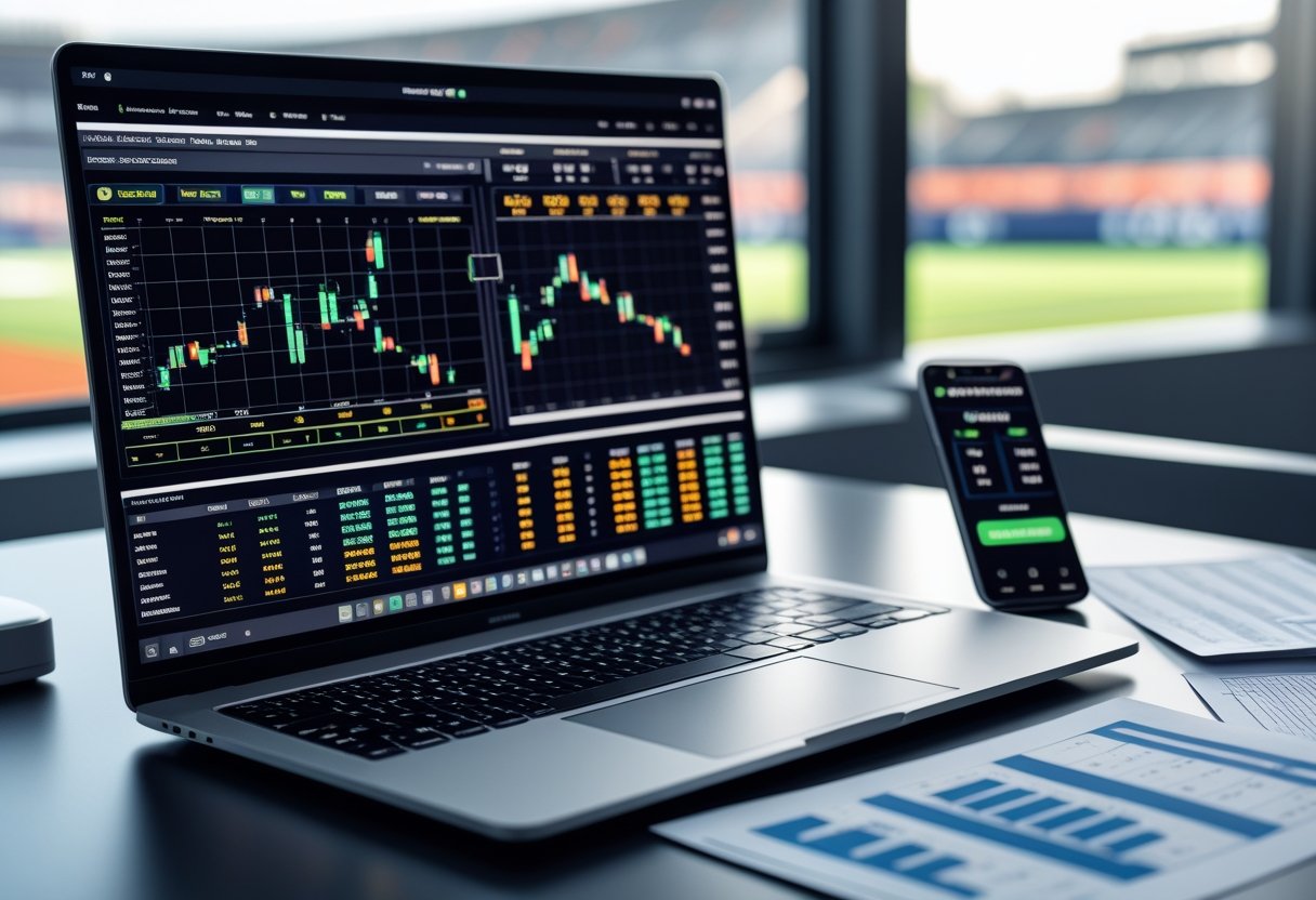 Seorang profesional sedang menganalisis prediksi taruhan olahraga di meja kerja dengan laptop, grafik, dan ponsel.