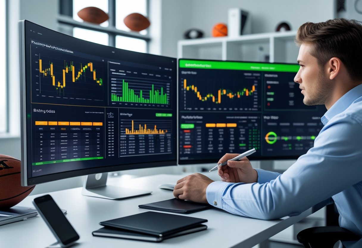 Seorang profesional sedang menganalisis data taruhan olahraga di meja kerja dengan beberapa monitor yang menampilkan grafik statistik.
