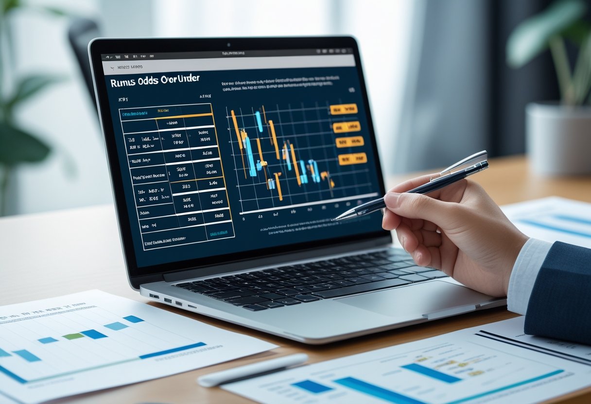 Sebuah meja kerja dengan laptop yang menampilkan grafik dan rumus terkait odds over under, serta tangan seseorang menunjuk ke layar.