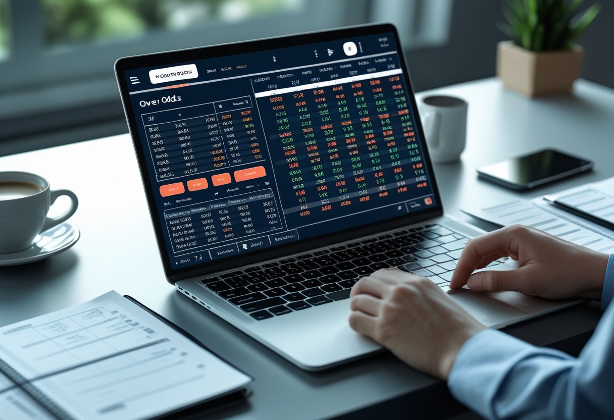 Meja kerja dengan laptop menampilkan data odds, tangan menggunakan kalkulator dan mencatat di buku catatan.