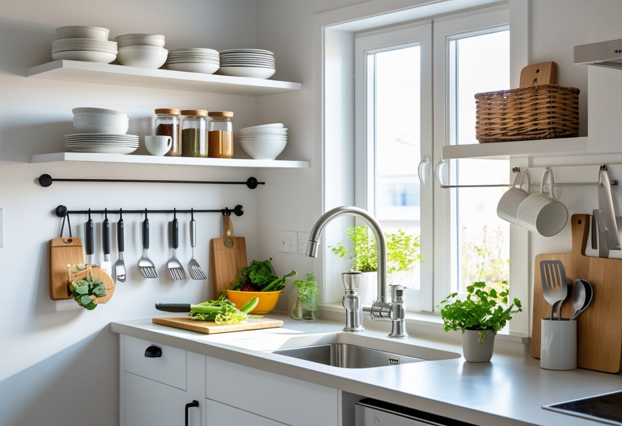 A small kitchen with open shelves, organized dishes, spice jars, hanging mugs and utensils, and a clear countertop with fresh vegetables and a potted herb.
