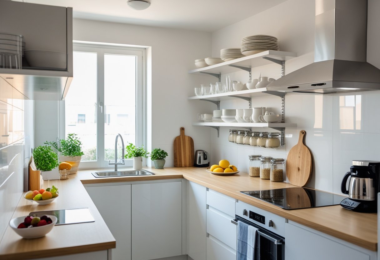 A small kitchen with open shelves and clear countertops, neatly organized with dishes, jars, and a bowl of fruit.