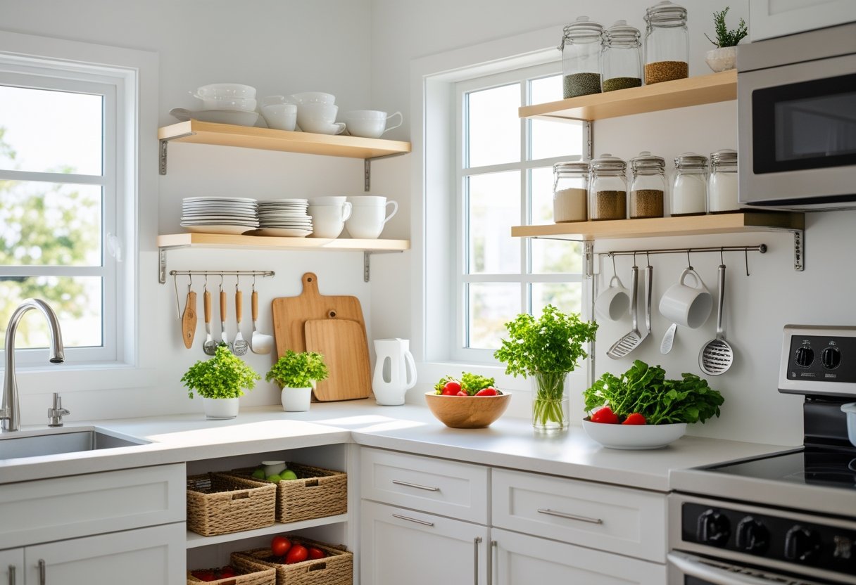 A small kitchen organized efficiently with open shelves, neatly arranged dishes, and kitchen tools, illuminated by natural light.