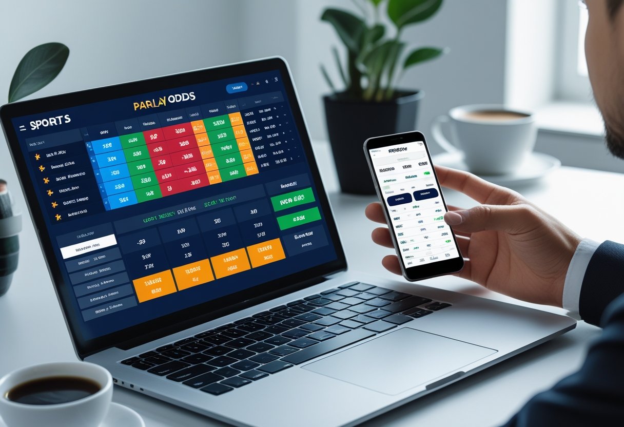 Seseorang sedang menggunakan laptop dan ponsel di meja kerja untuk menganalisis peluang taruhan parlay.