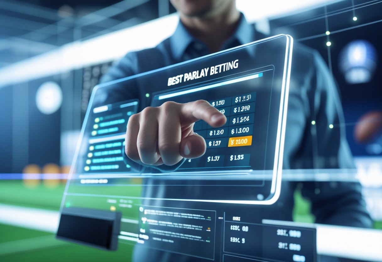 Seseorang menggunakan layar digital untuk memilih taruhan parlay dengan berbagai opsi olahraga di latar belakang.