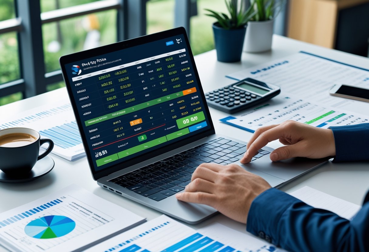 Meja kerja dengan laptop, kalkulator, catatan, dan tangan seseorang yang sedang menghitung dan merencanakan strategi taruhan parlay.