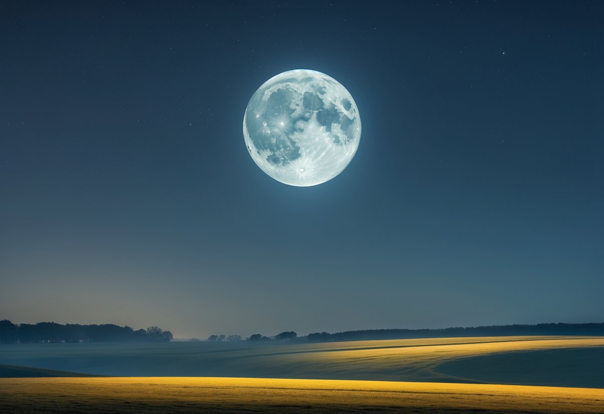 A large full moon shining over a calm, golden field under a clear night sky.