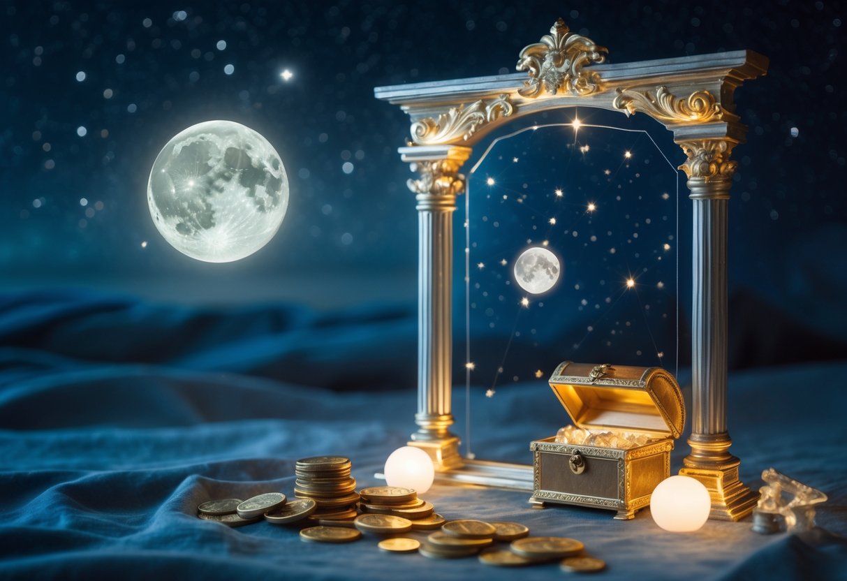 A bright full moon shining in a starry night sky above a glowing golden frame containing coins and gemstones.