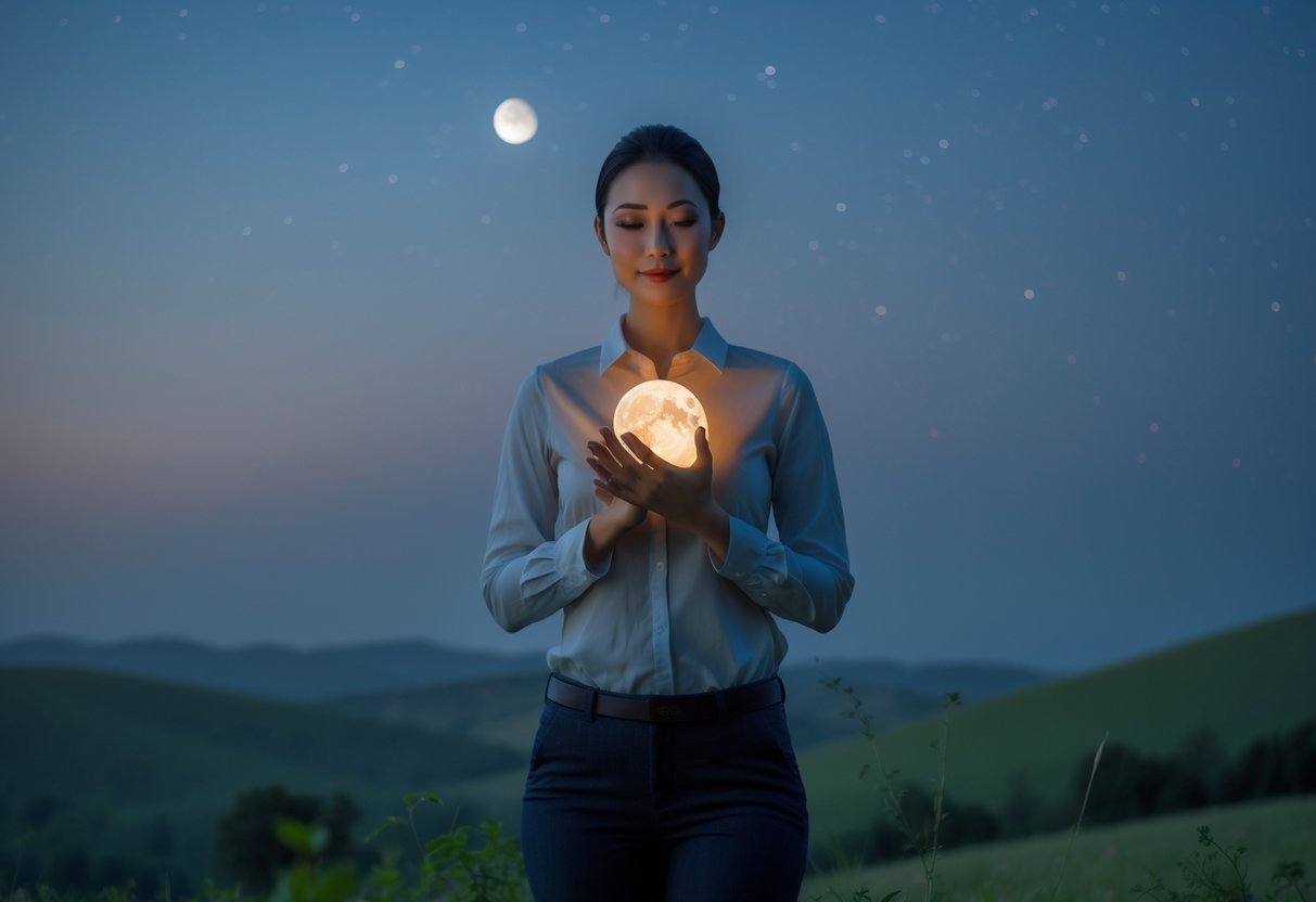 A person holding a glowing moon orb near their chest outdoors at twilight with a crescent moon and stars in the sky above rolling hills.