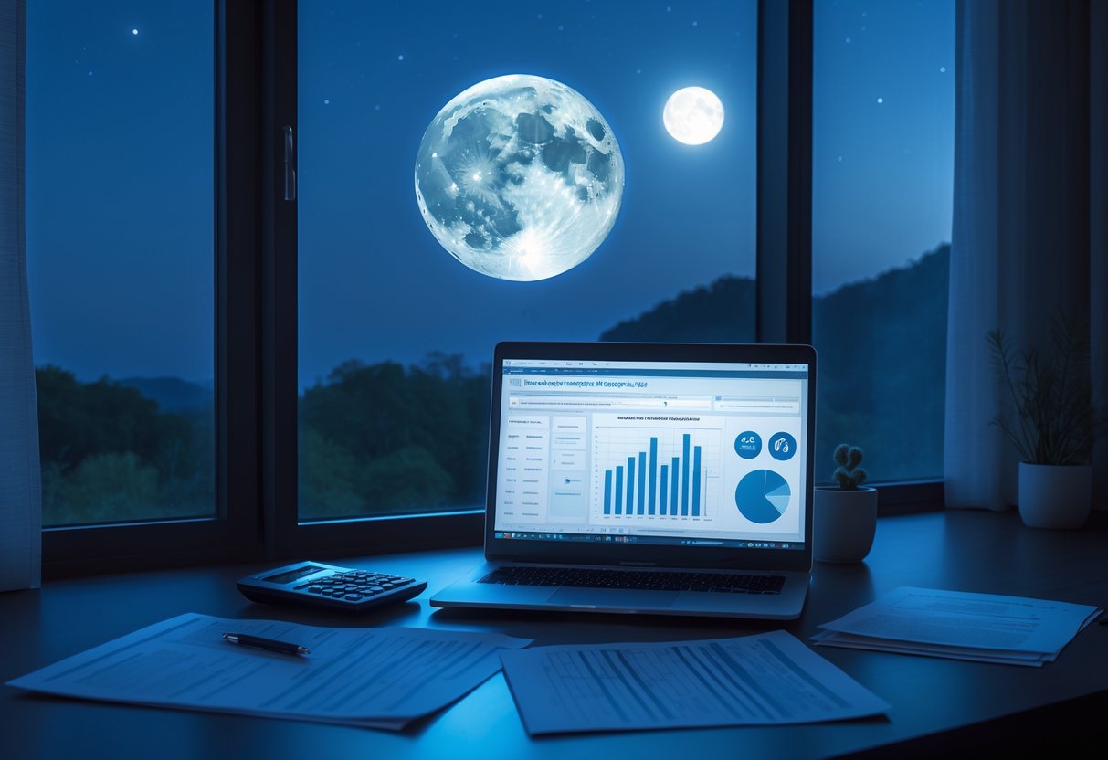 A workspace at night with a full moon visible through the window, a desk with financial documents, a calculator, and a laptop showing charts.